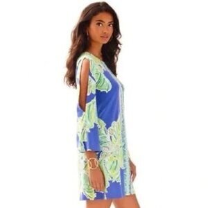 Lilly Pulitzer Swing Dress Large Lattitude Adjustment Blue Tropical Coastal Prep